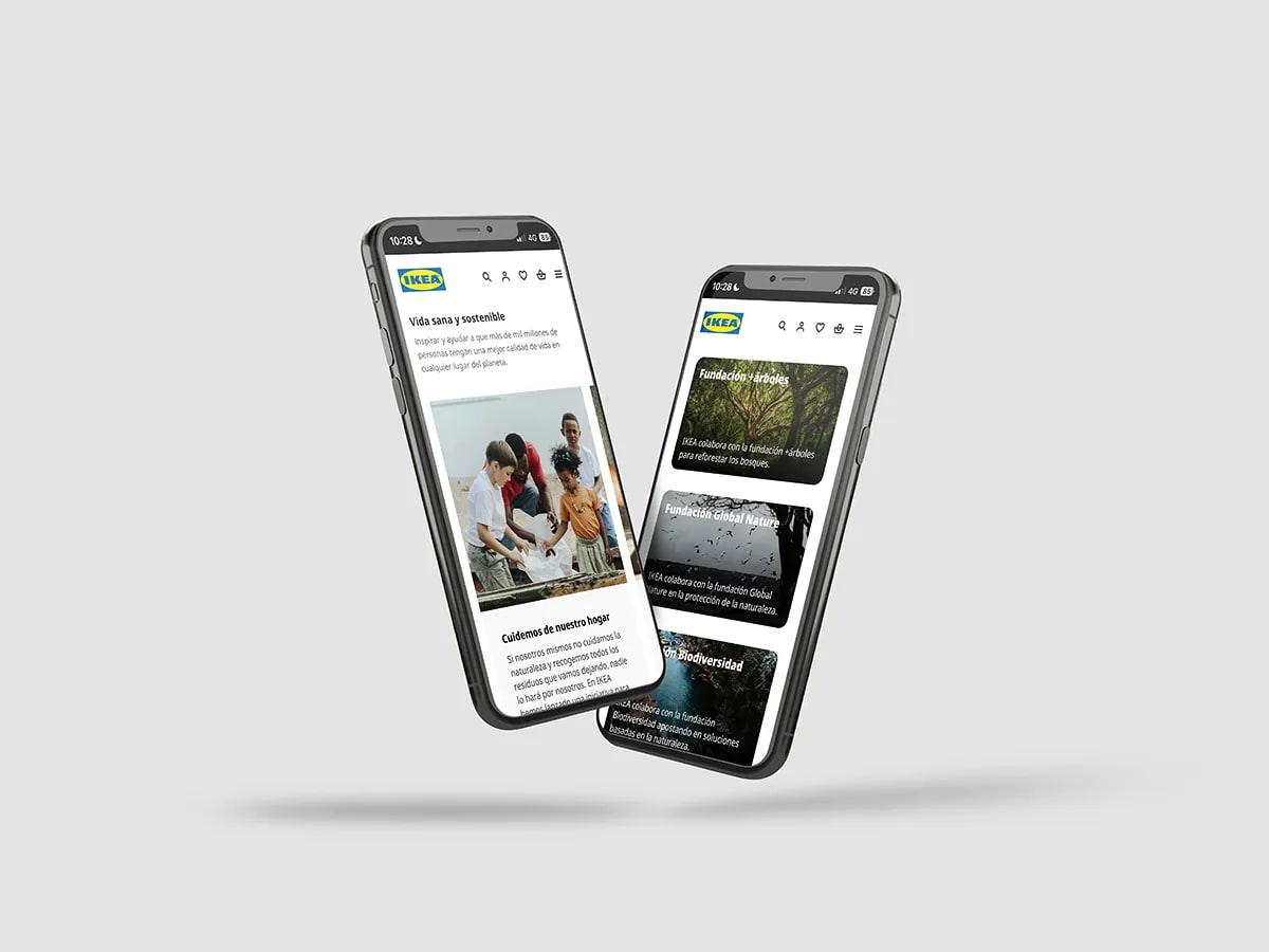 Mockup de la web de IKEA Sostenible en dos móviles con vida sana y fundaciones, de Maren Alberdi Hernández, alumna de Diseño Gráfico y Motion Graphics en TRAZOS