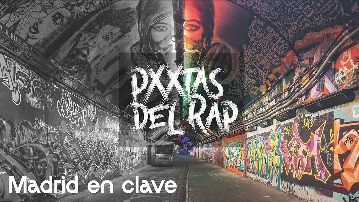 Key visual de Pxxtas del Rap con un túnel de grafitis y el lema Madrid en clave, de Gonzalo Martínez Gómez, alumno de Diseño Gráfico y Motion Graphics en TRAZOS