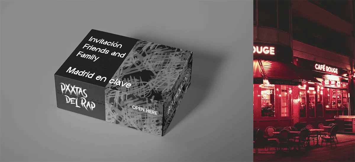 Caja de invitación Friends and Family de Pxxtas del Rap, de Gonzalo Martínez Gómez, alumno de Diseño Gráfico y Motion Graphics en TRAZOS