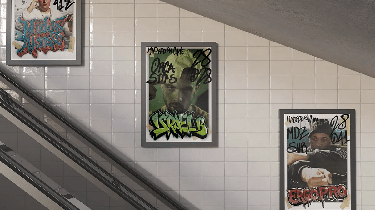 Carteles de artistas de Pxxtas del Rap colocados en el metro, de Gonzalo Martínez Gómez, alumno de Diseño Gráfico y Motion Graphics en TRAZOS