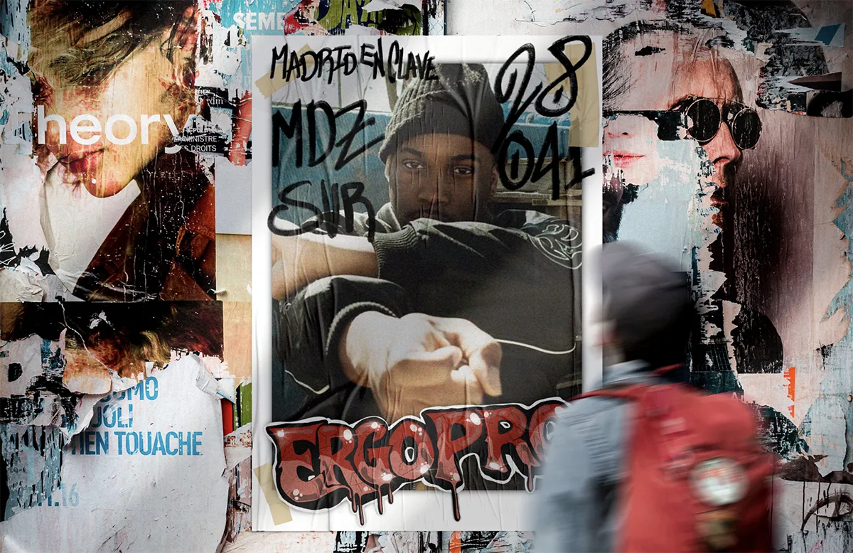Cartel de Pxxtas del Rap del artista Ergo Pro en un muro de la calle, de Gonzalo Martínez Gómez, alumno de Diseño Gráfico y Motion Graphics en TRAZOS
