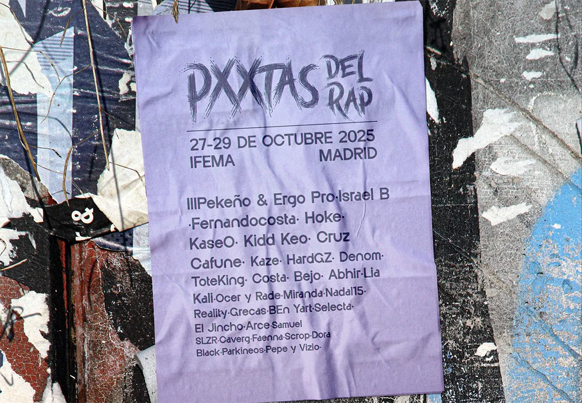 Cartel del festival Pxxtas del Rap con el cartel de artistas y fechas en IFEMA Madrid, de Gonzalo Martínez Gómez, alumno de Diseño Gráfico y Motion Graphics en TRAZOS
