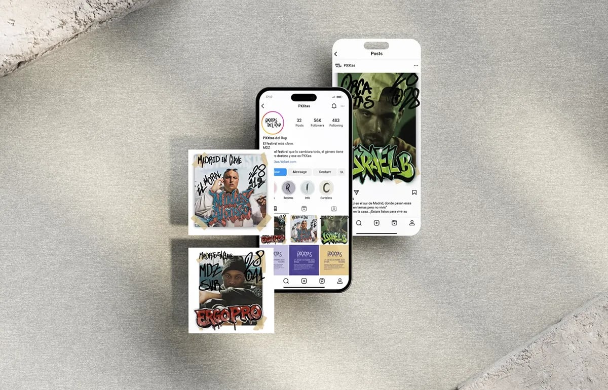 Mockup del perfil de Instagram de Pxxtas del Rap con publicaciones de artistas, de Gonzalo Martínez Gómez, alumno de Diseño Gráfico y Motion Graphics en TRAZOS