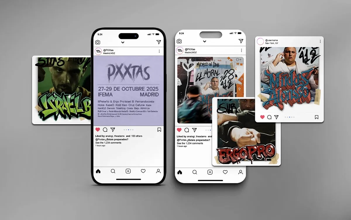 Publicaciones de Instagram de Pxxtas del Rap en dos móviles con carteles de artistas, de Gonzalo Martínez Gómez, alumno de Diseño Gráfico y Motion Graphics en TRAZOS