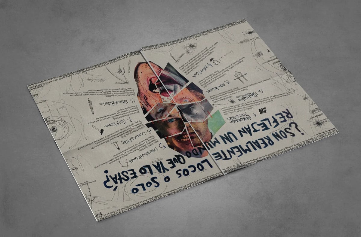 Doble página desplegada de revista con collage de rostros y título sobre la locura, de Alexander y Neus, alumnos de Diseño Gráfico y Motion Graphics en TRAZOS