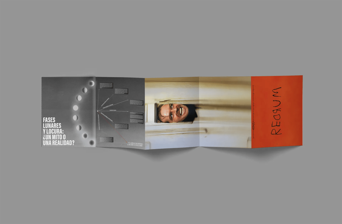 Pliego desplegado de revista sobre fases lunares y locura con fotograma de El Resplandor, de Alexander y Neus, alumnos de Diseño Gráfico y Motion Graphics en TRAZOS