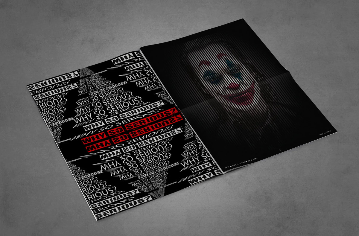 Doble página de revista con el Joker y tipografía why so serious, de Alexander y Neus, alumnos de Diseño Gráfico y Motion Graphics en TRAZOS