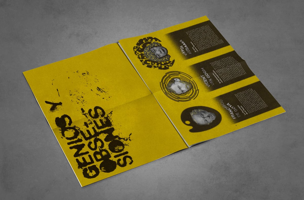 Pliego amarillo con tipografía genios y obsesiones y retratos serigrafiados, de Alexander y Neus, alumnos de Diseño Gráfico y Motion Graphics en TRAZOS