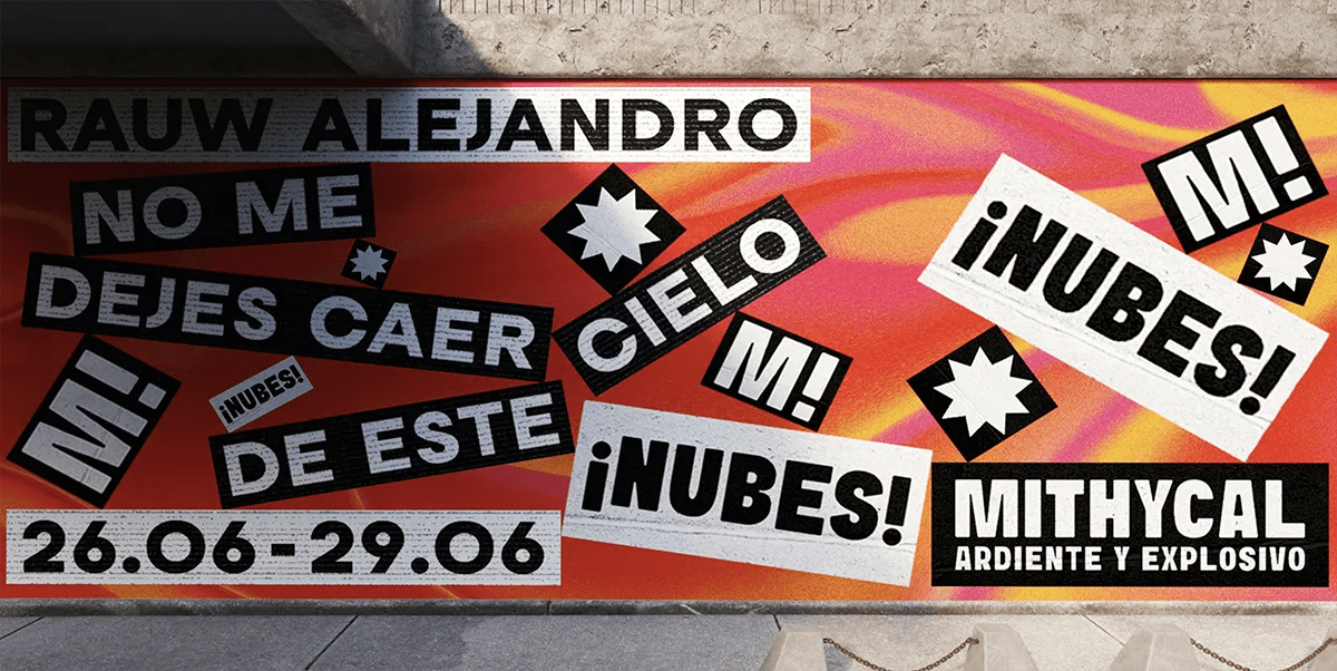 Cartel del festival Mithycal con letras de una canción de Rauw Alejandro en tipografía expresiva sobre fondo de colores vibrantes, de José Paredes, alumno de Diseño Gráfico y Motion Graphics en TRAZOS