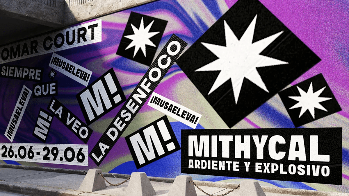 Cartel del festival Mithycal con letras de Omar Court en composición tipográfica sobre fondo morado y holográfico, de José Paredes, alumno de Diseño Gráfico y Motion Graphics en TRAZOS