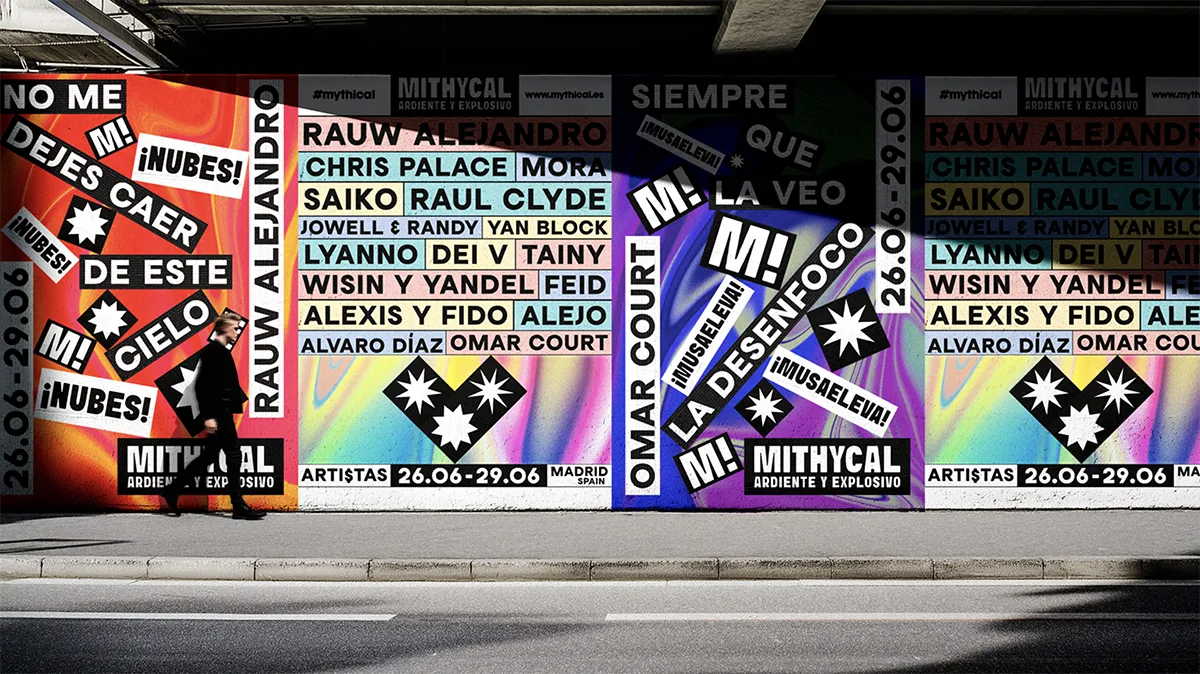Colección de stickers redondos con el símbolo del festival Mithycal sobre fondos holográficos multicolor, de José Paredes, alumno de Diseño Gráfico y Motion Graphics en TRAZOS
