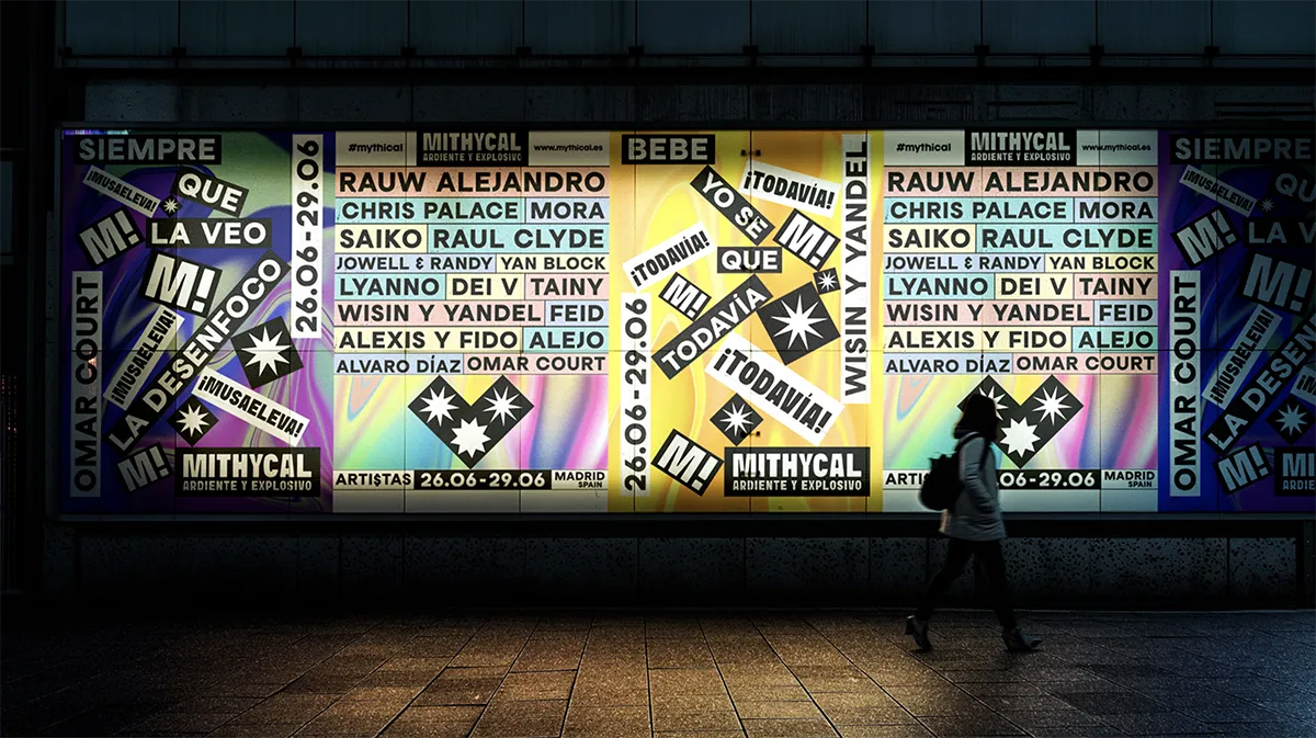 Dos carteles del festival Mithycal con distintos artistas expuestos en una sala industrial de conciertos, de José Paredes, alumno de Diseño Gráfico y Motion Graphics en TRAZOS