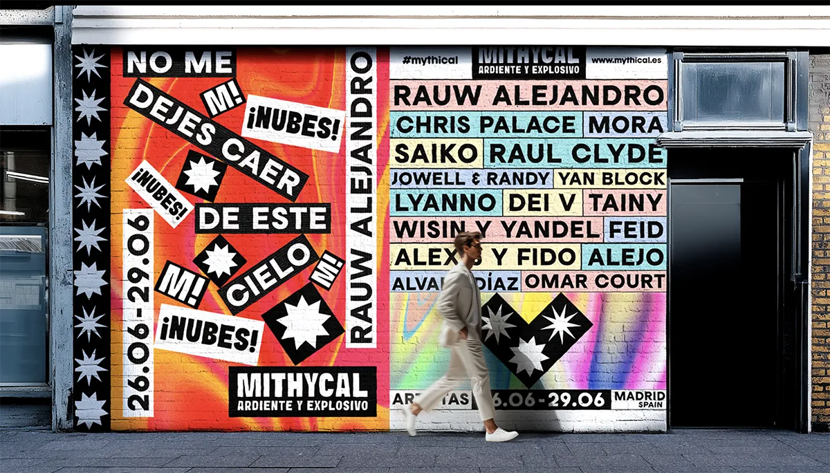 Mockup de móvil con tarjeta NFC del festival Mithycal sobre silla metálica, de José Paredes, alumno de Diseño Gráfico y Motion Graphics en TRAZOS