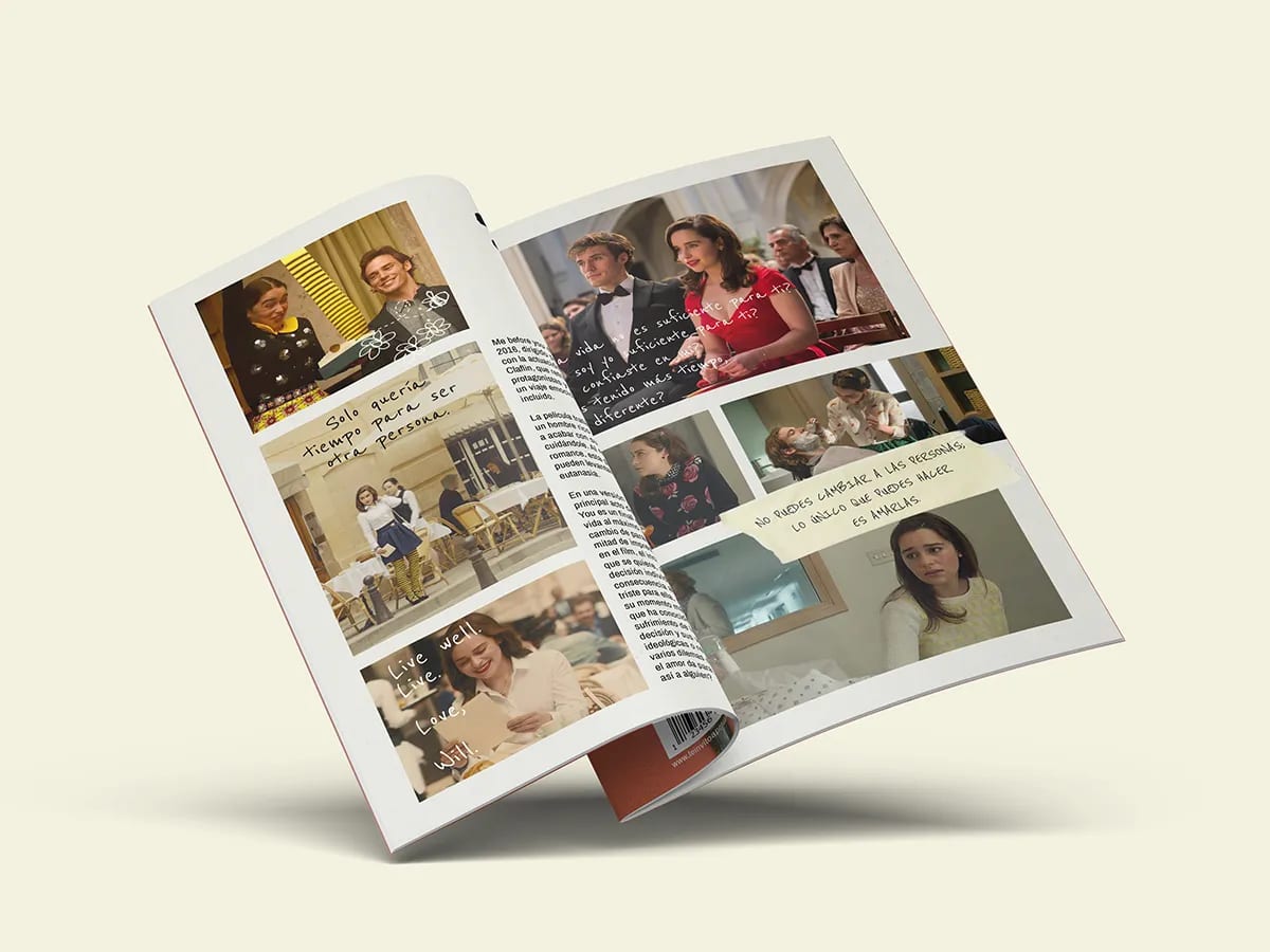 Doble página del fanzine sobre la película Me Before You con fotogramas y citas manuscritas, de Patricia Manso Ruiz, alumna de Diseño Gráfico y Motion Graphics en TRAZOS