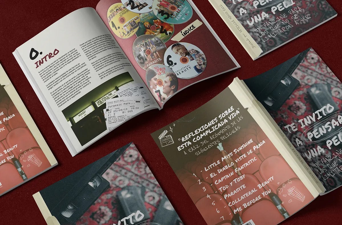 Fanzine de cine abierto por la introducción y el índice de películas, de Patricia Manso Ruiz, alumna de Diseño Gráfico y Motion Graphics en TRAZOS