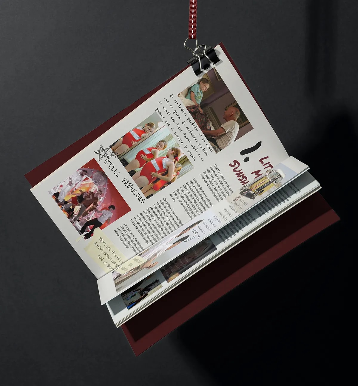 Fanzine de cine colgado mostrando la doble página de Little Miss Sunshine, de Patricia Manso Ruiz, alumna de Diseño Gráfico y Motion Graphics en TRAZOS