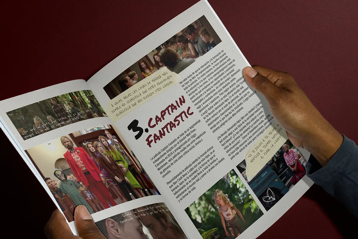 Fanzine de cine abierto por la sección de la película Captain Fantastic, de Patricia Manso Ruiz, alumna de Diseño Gráfico y Motion Graphics en TRAZOS