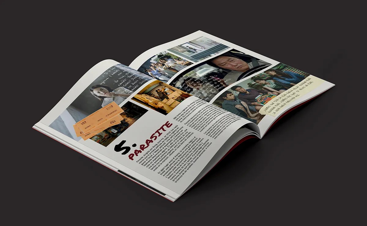 Fanzine de cine abierto por la doble página de la película Parasite, de Patricia Manso Ruiz, alumna de Diseño Gráfico y Motion Graphics en TRAZOS