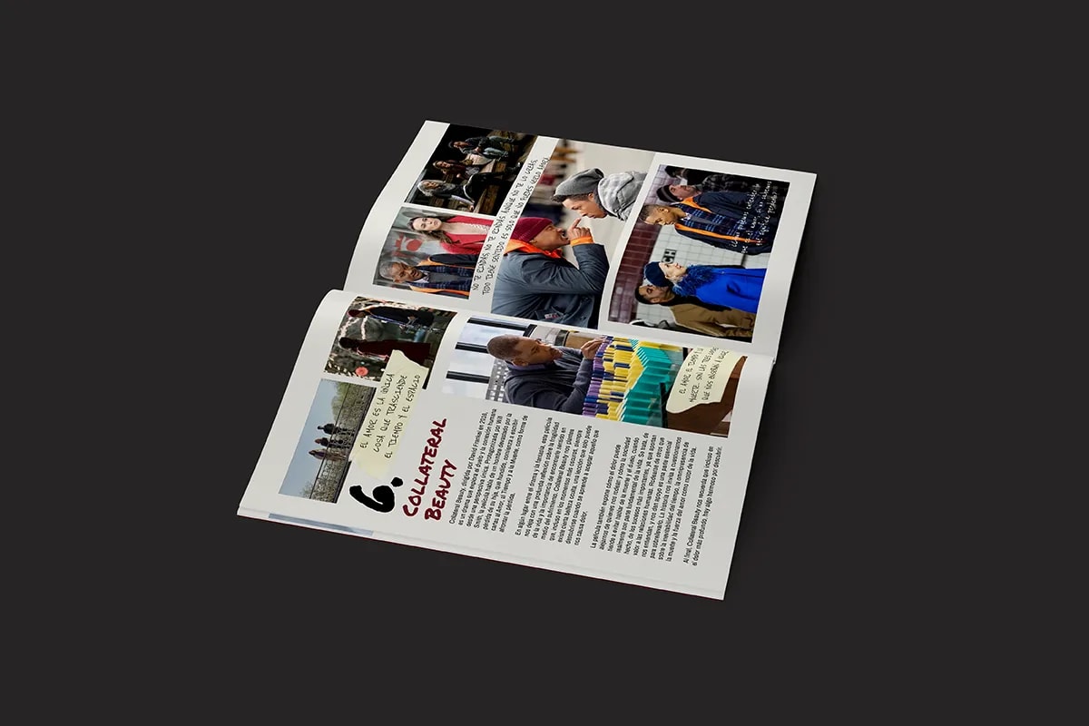 Fanzine de cine abierto por la doble página de la película Collateral Beauty, de Patricia Manso Ruiz, alumna de Diseño Gráfico y Motion Graphics en TRAZOS