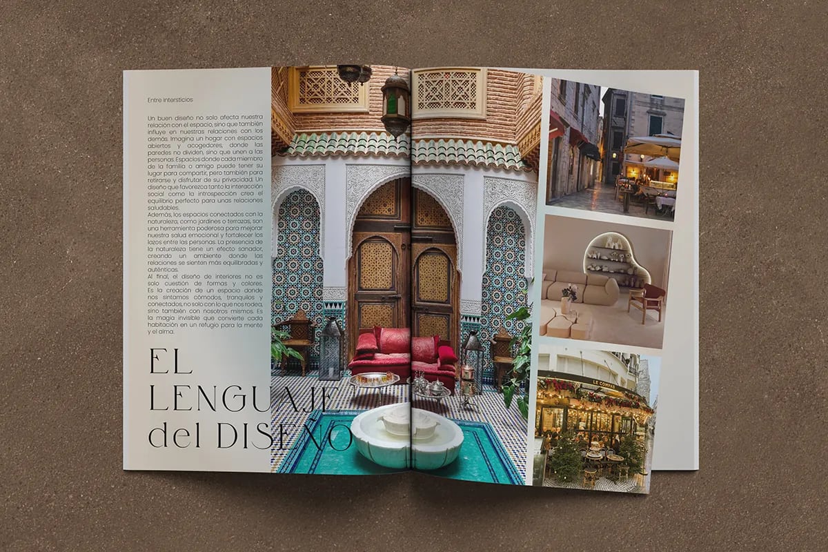 Doble página «El Lenguaje del Diseño» de la revista «Entre Intersticios» con un patio marroquí, de Diana Barrero, alumna de Diseño Gráfico y Motion Graphics en TRAZOS