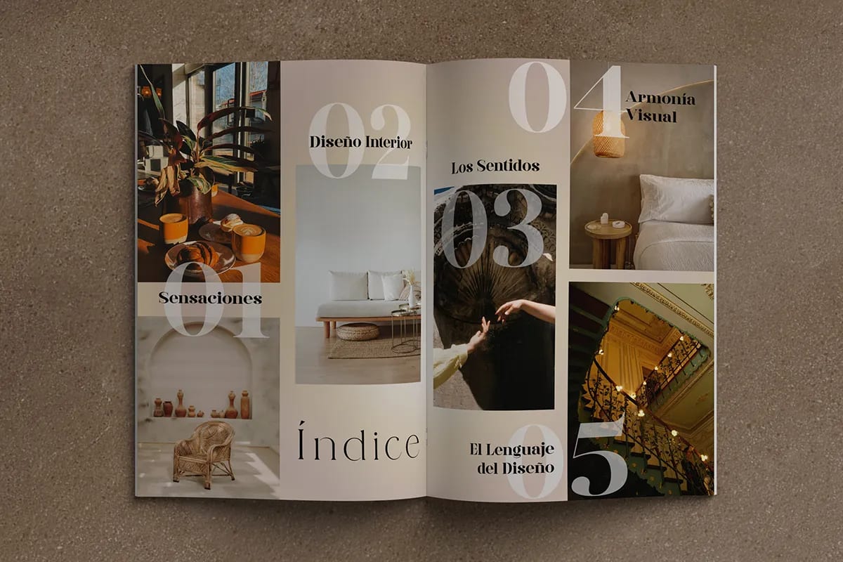 Doble página del índice de la revista «Entre Intersticios» con las secciones numeradas, de Diana Barrero, alumna de Diseño Gráfico y Motion Graphics en TRAZOS