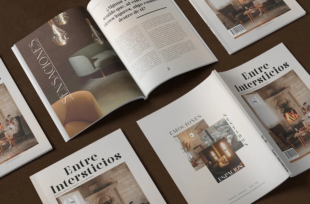 Doble página «Sensaciones» de la revista «Entre Intersticios» junto a ejemplares de portada, de Diana Barrero, alumna de Diseño Gráfico y Motion Graphics en TRAZOS