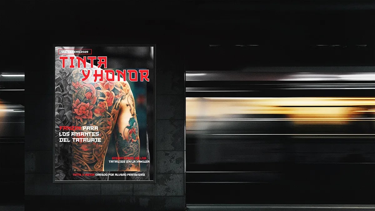 Mupi del fanzine Tinta y Honor en el andén de un metro, de Álvaro Fernández, alumno de Diseño Gráfico y Motion Graphics en TRAZOS