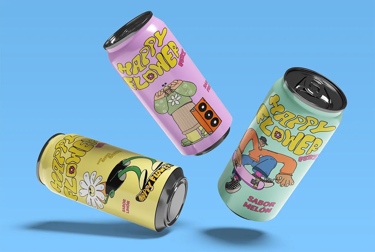 Latas de refresco Happy Flower Fest flotando sobre fondo azul, de Sofía Villalta, alumna de Diseño Gráfico y Motion Graphics en TRAZOS