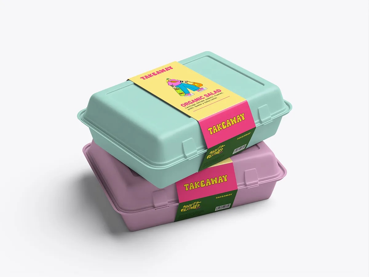Envases de comida para llevar Takeaway de Happy Flower Fest en menta y rosa, de Sofía Villalta, alumna de Diseño Gráfico y Motion Graphics en TRAZOS
