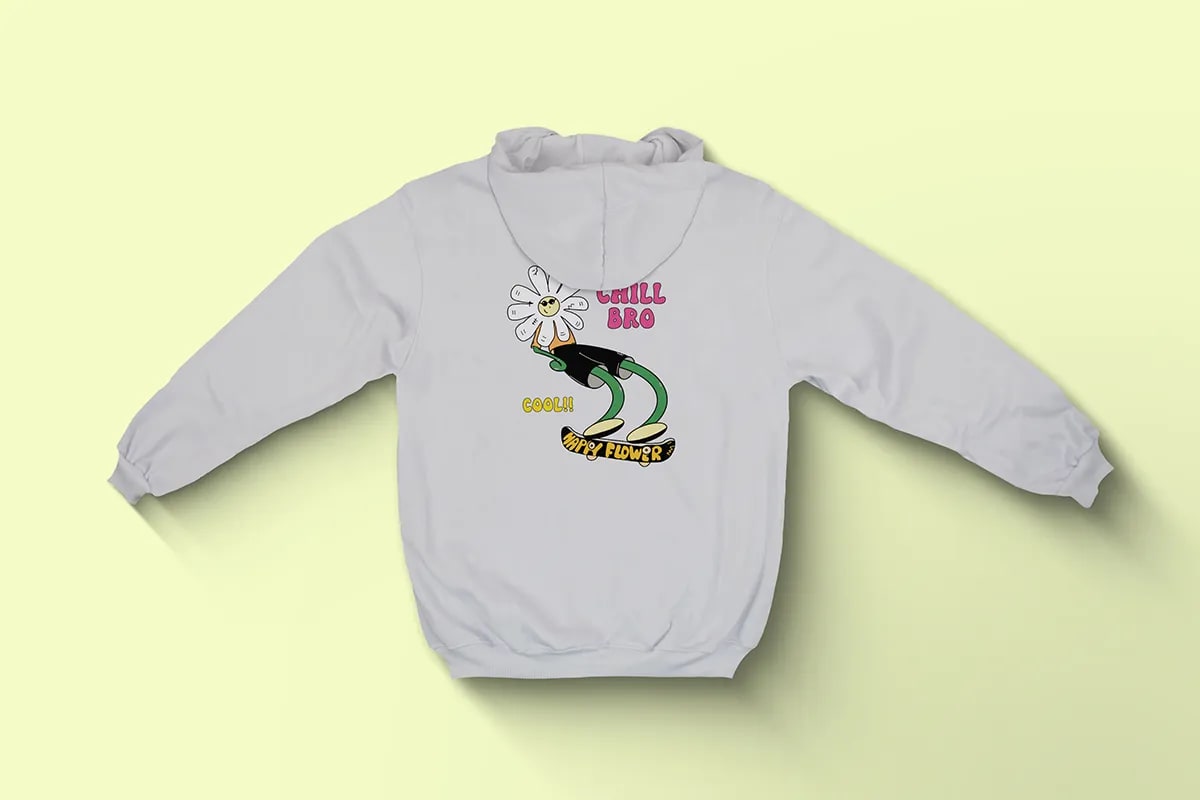 Sudadera gris de Happy Flower Fest con ilustración trasera Chill bro, de Sofía Villalta, alumna de Diseño Gráfico y Motion Graphics en TRAZOS