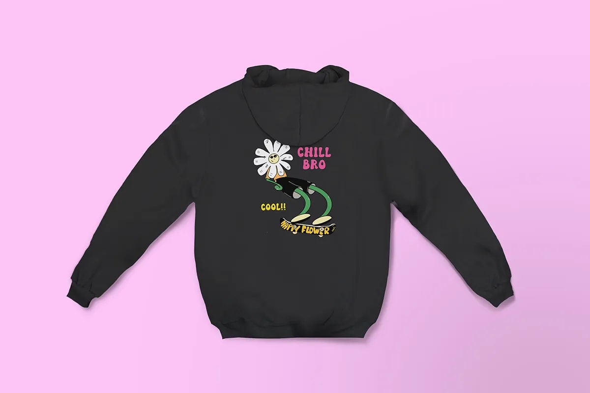 Sudadera negra de Happy Flower Fest con ilustración trasera Chill bro, de Sofía Villalta, alumna de Diseño Gráfico y Motion Graphics en TRAZOS