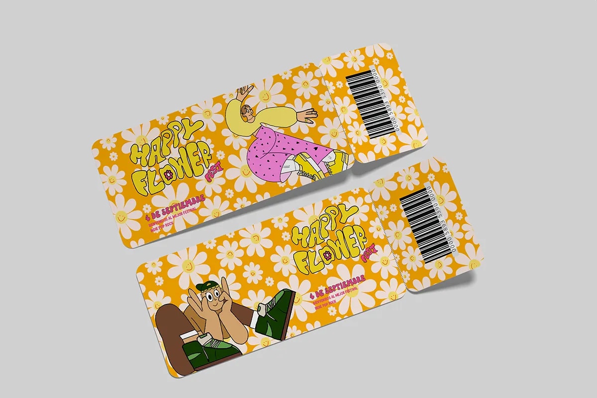 Entradas del festival Happy Flower Fest con ilustraciones y estampado de margaritas, de Sofía Villalta, alumna de Diseño Gráfico y Motion Graphics en TRAZOS