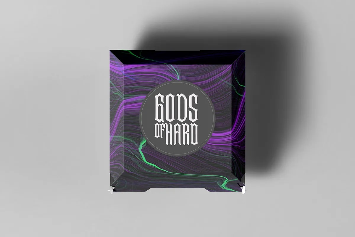 Entradas y pases del festival de techno Gods of Hard dentro de una bolsa de plastico, de Álvaro Fernández Cerón, alumno de Diseño Gráfico y Motion Graphics en TRAZOS
