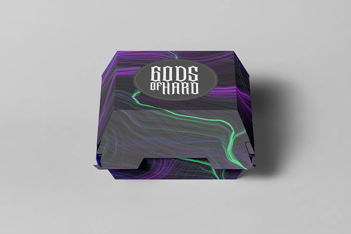 Vista cenital de la caja del festival de techno Gods of Hard con grafismo abstracto morado y verde, de Álvaro Fernández Cerón, alumno de Diseño Gráfico y Motion Graphics en TRAZOS