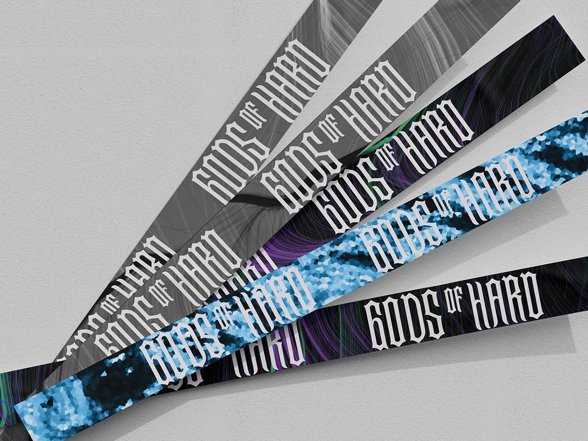 Pulseras de tela del festival de techno Gods of Hard con varios grafismos, de Álvaro Fernández Cerón, alumno de Diseño Gráfico y Motion Graphics en TRAZOS
