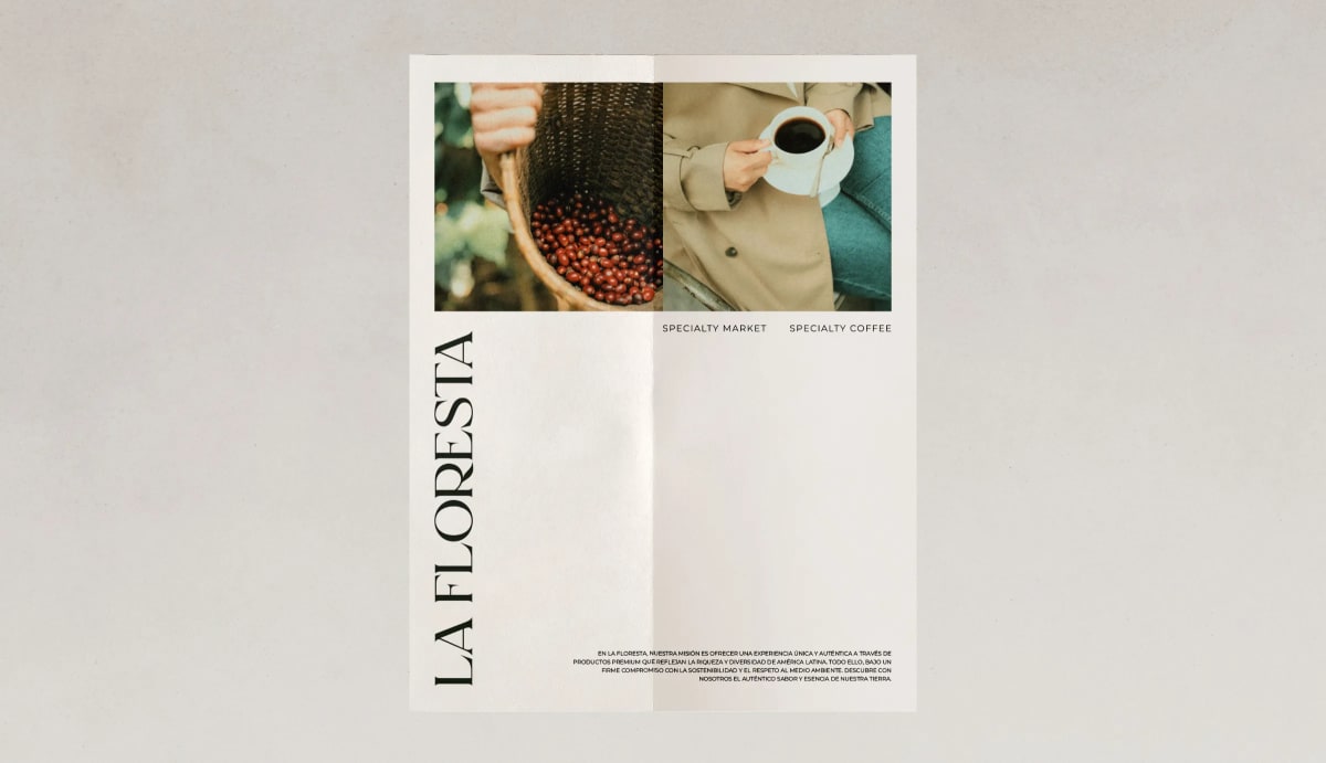 Página doble de la revista La Floresta con el logotipo y fotografías de café, de Fabiana Moure, alumna de Diseño Gráfico y Motion Graphics en TRAZOS