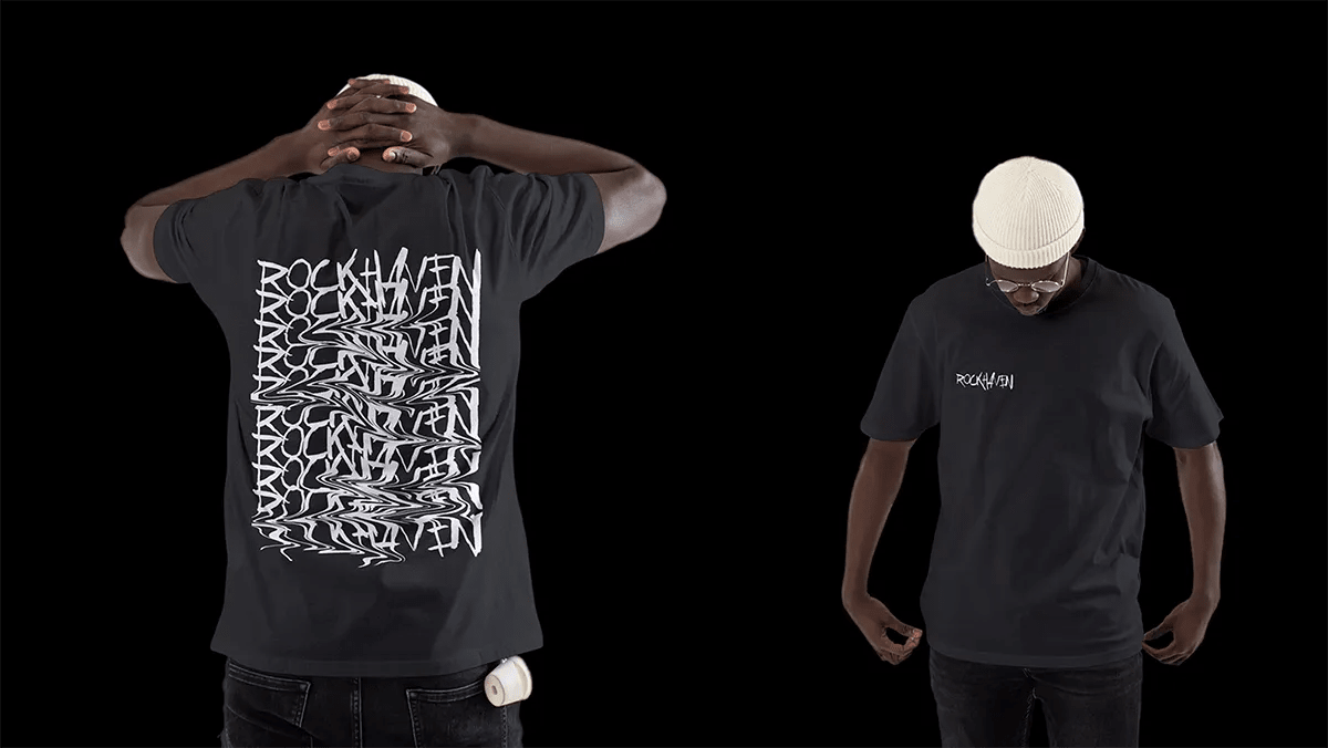 Camisetas negras de RockHaven con tipografía grunge en la espalda y el pecho, de Verónica Guzmán, alumna de Diseño Gráfico y Motion Graphics en TRAZOS