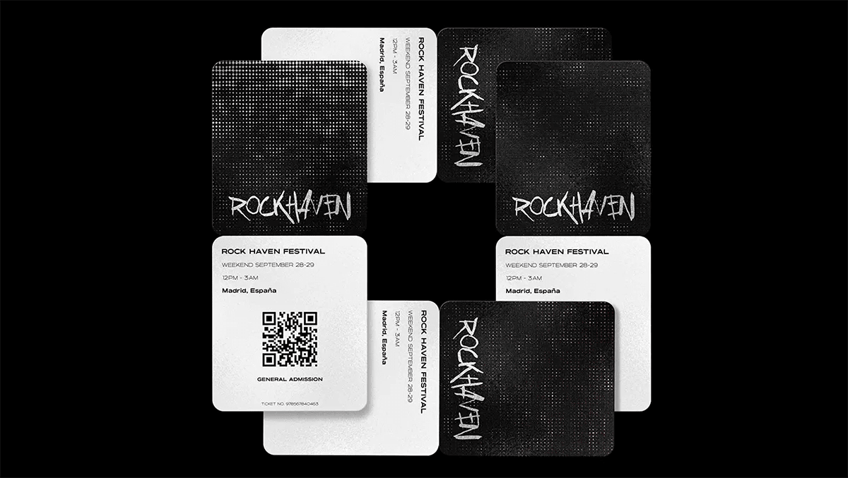 Entradas del festival RockHaven con código QR para Madrid España, de Verónica Guzmán, alumna de Diseño Gráfico y Motion Graphics en TRAZOS