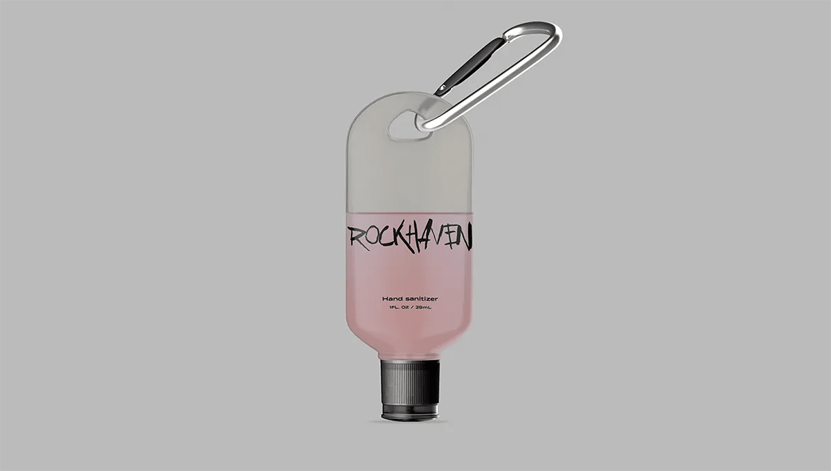 Bote de gel de manos de RockHaven con mosquetón, de Verónica Guzmán, alumna de Diseño Gráfico y Motion Graphics en TRAZOS
