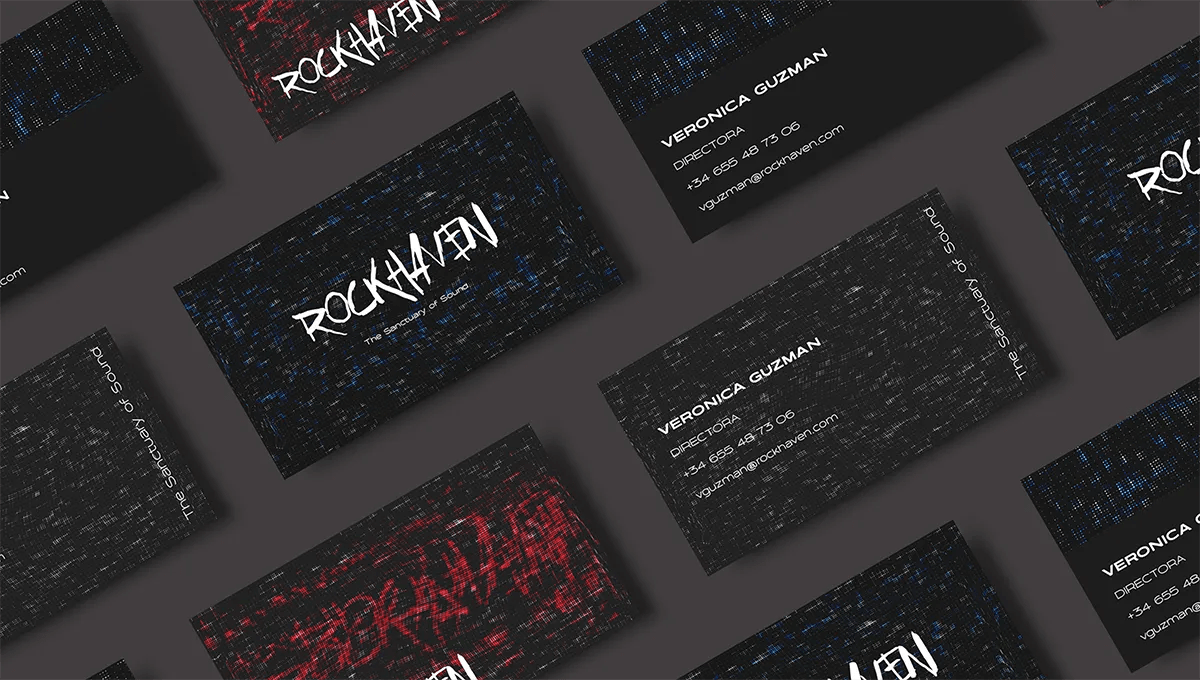Tarjetas de visita de RockHaven dispuestas en patrón con texturas de color, de Verónica Guzmán, alumna de Diseño Gráfico y Motion Graphics en TRAZOS