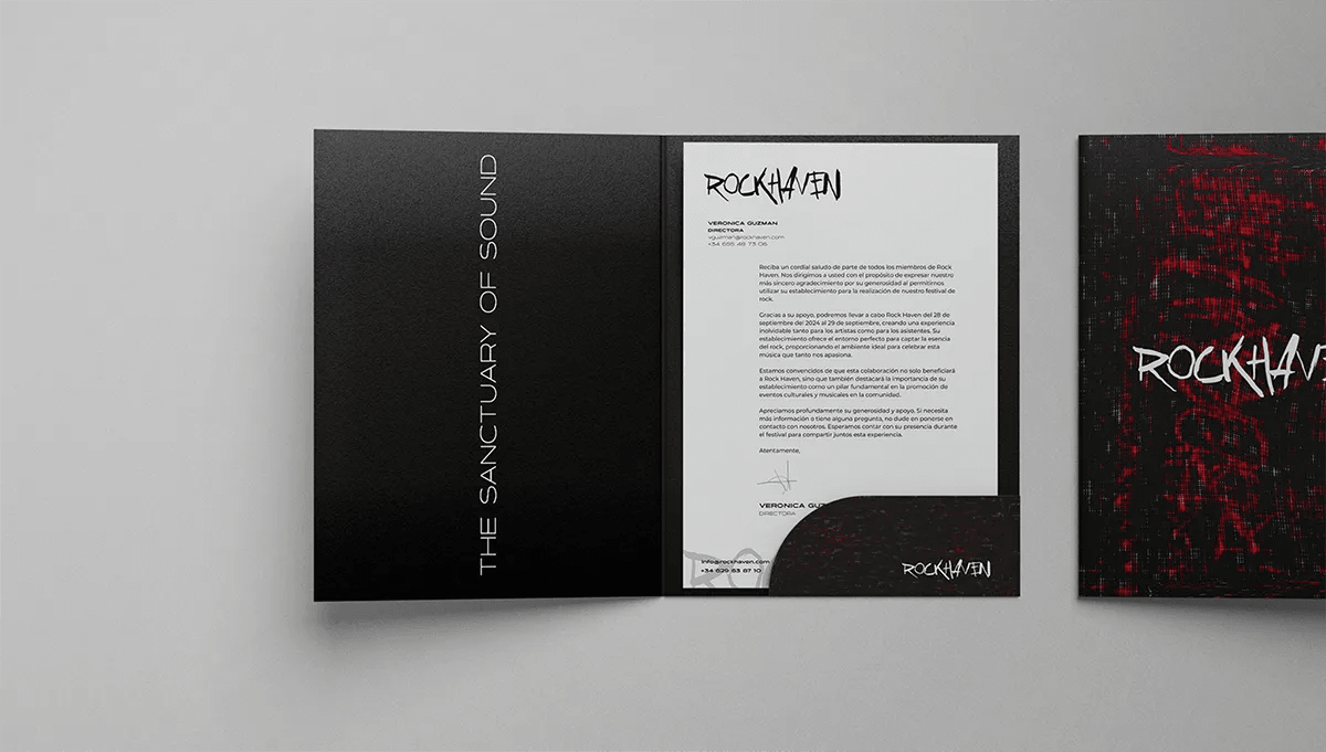 Carpeta y carta de RockHaven con el lema The Sanctuary of Sound, de Verónica Guzmán, alumna de Diseño Gráfico y Motion Graphics en TRAZOS