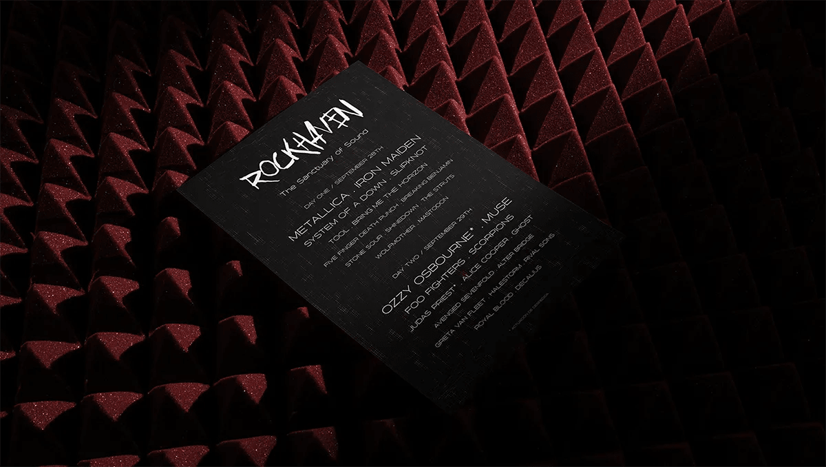Cartel del festival RockHaven con el line up de artistas sobre espuma acústica, de Verónica Guzmán, alumna de Diseño Gráfico y Motion Graphics en TRAZOS