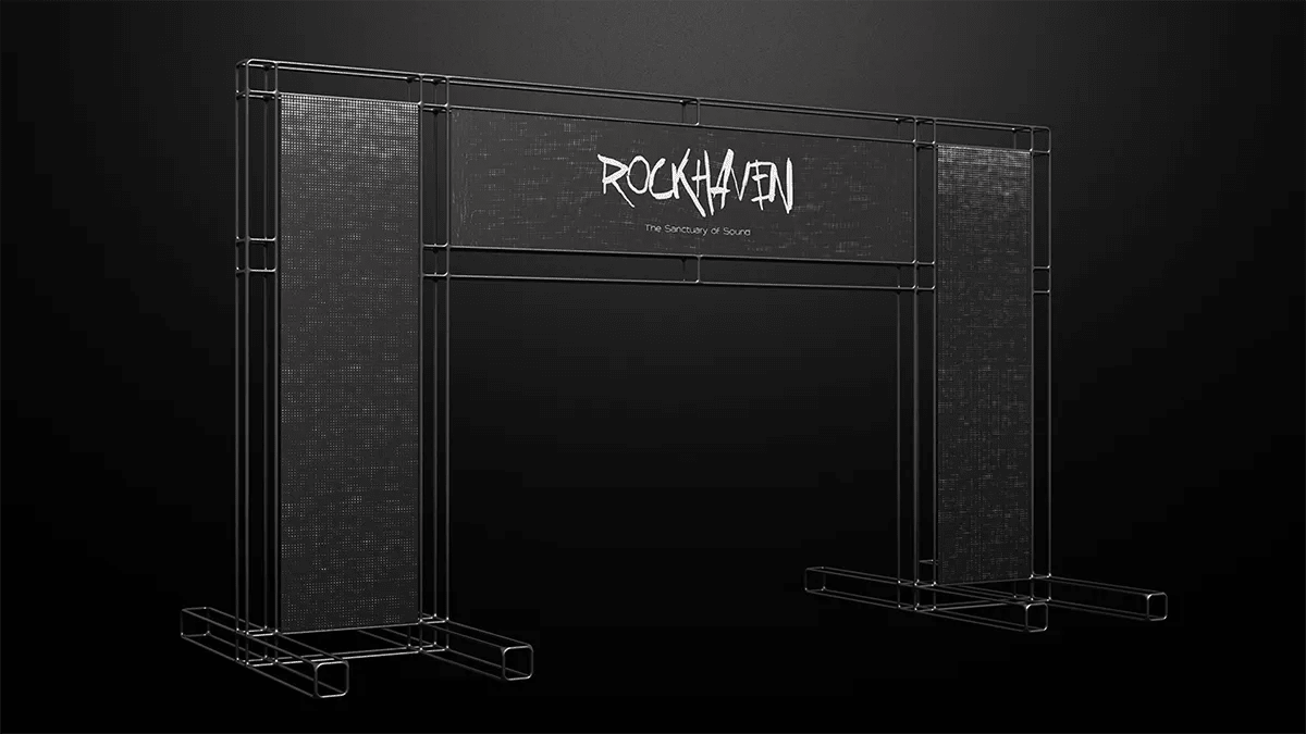 Arco de entrada del festival RockHaven con el lema The Sanctuary of Sound, de Verónica Guzmán, alumna de Diseño Gráfico y Motion Graphics en TRAZOS