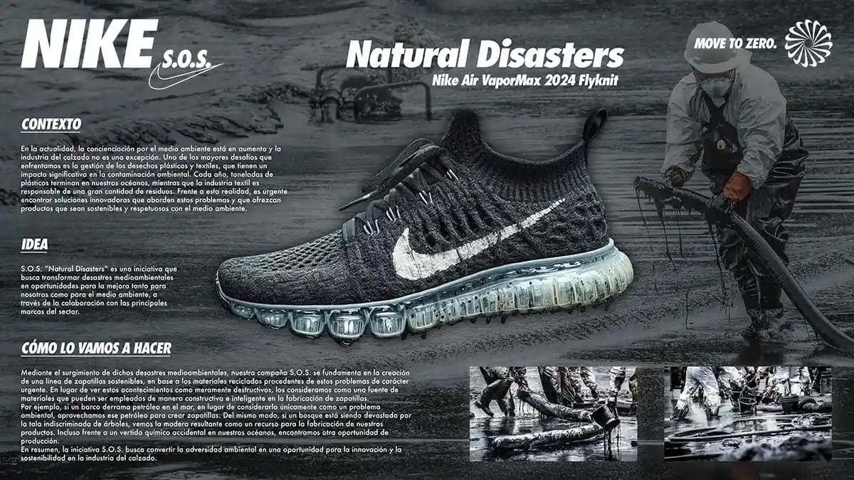 Infografía de la campaña Nike S.O.S. Natural Disasters con zapatilla Air VaporMax y fotografías de desastres ambientales, de Jorge Gómez, alumno de Diseño Gráfico y Motion Graphics en TRAZOS