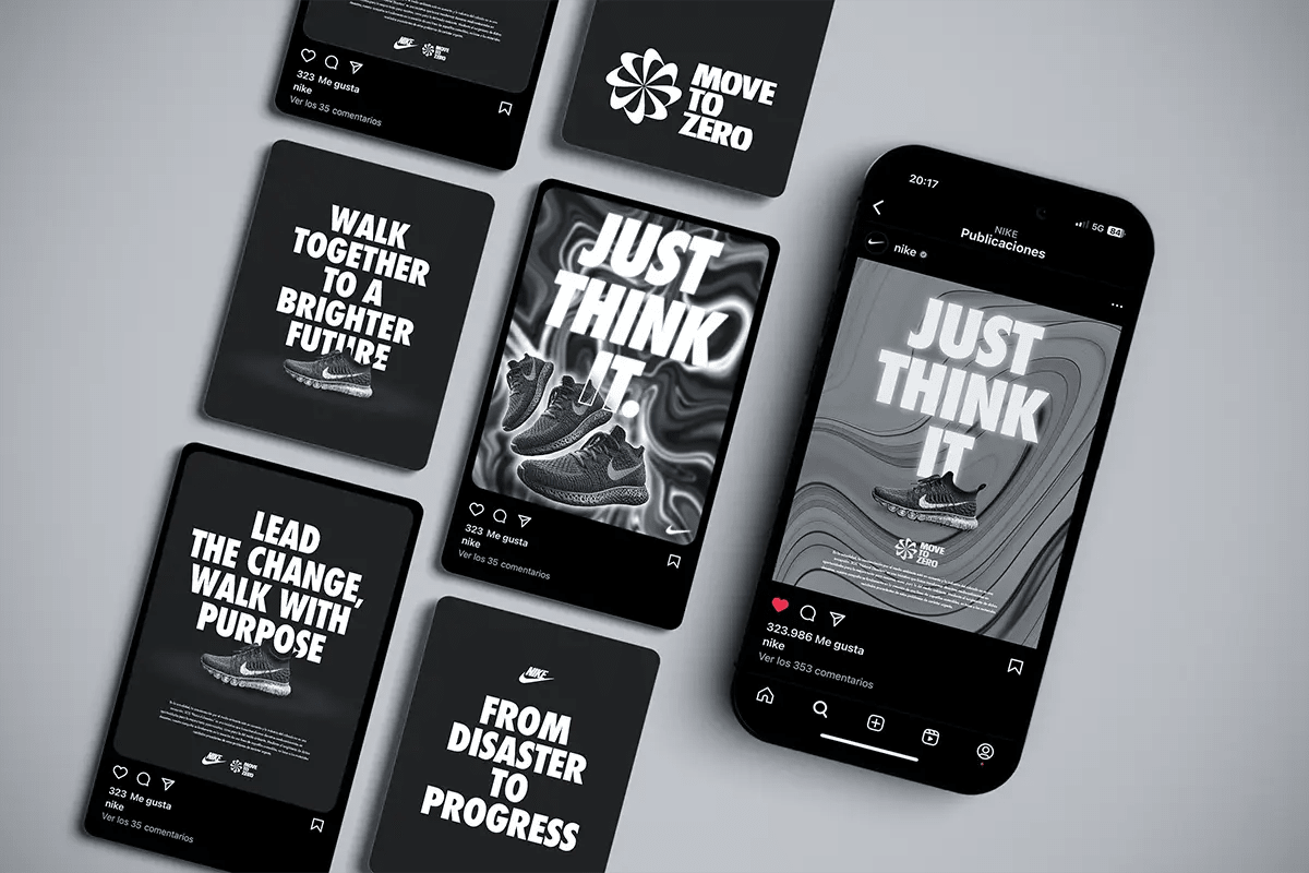 Conjunto de publicaciones de Instagram y tablets con la campaña Nike 'Just Think It' en blanco y negro, de Jorge Gómez, alumno de Diseño Gráfico y Motion Graphics en TRAZOS
