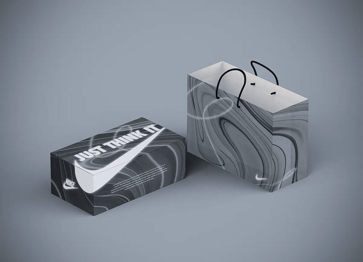 Mockup de caja de zapatillas y bolsa de papel Nike con diseño abstracto de ondas grises, de Jorge Gómez, alumno de Diseño Gráfico y Motion Graphics en TRAZOS