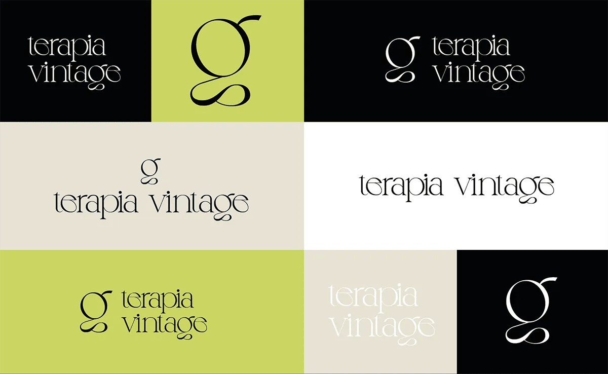 Cuadrícula con las variantes del logotipo de Terapia Vintage sobre fondos negro, lima y crema, de Aida Domínguez, alumna de Diseño Gráfico y Motion Graphics en TRAZOS