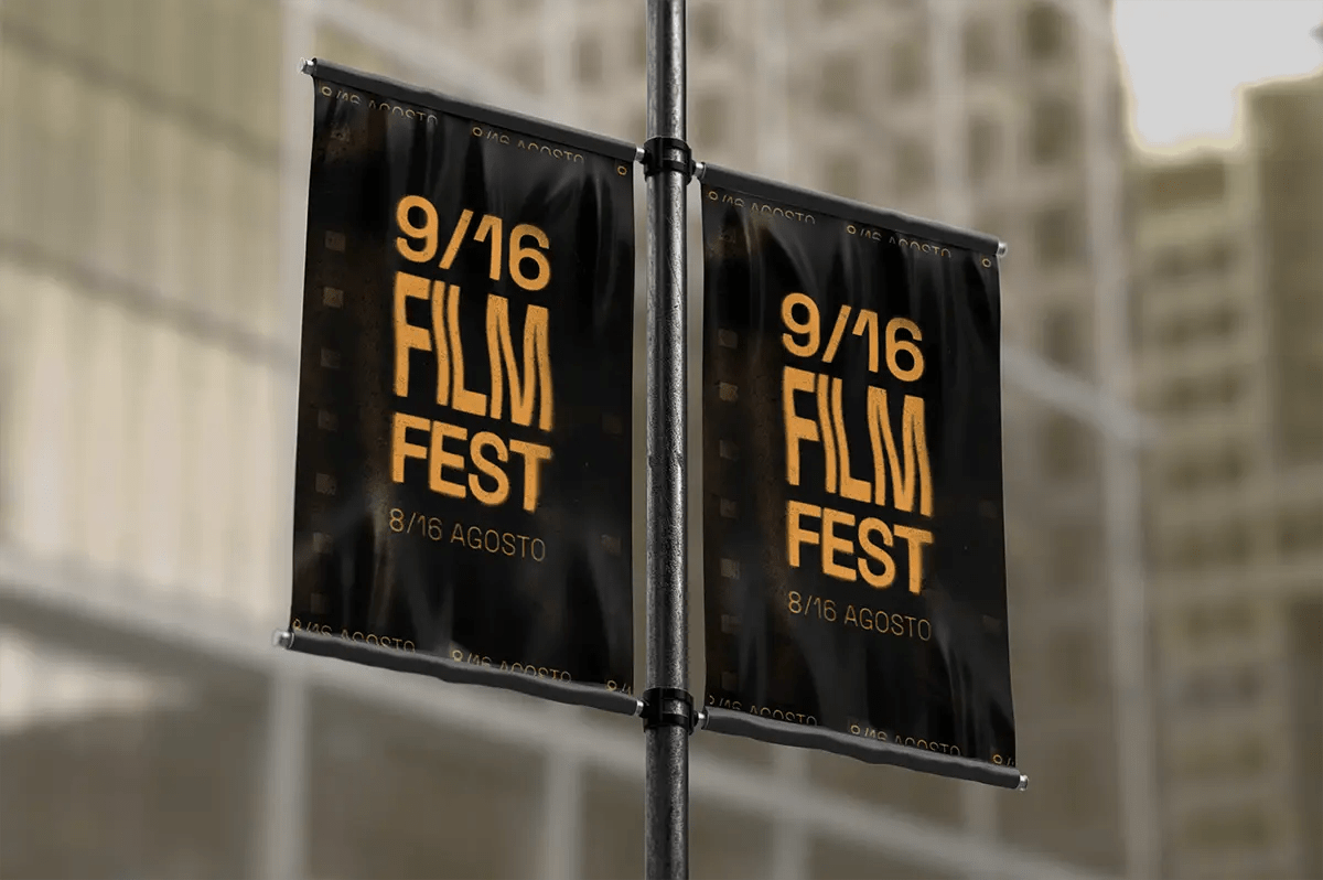 Banderolas del 9/16 Film Fest en una farola de la calle, de Esther García, alumna de Diseño Gráfico y Motion Graphics en TRAZOS