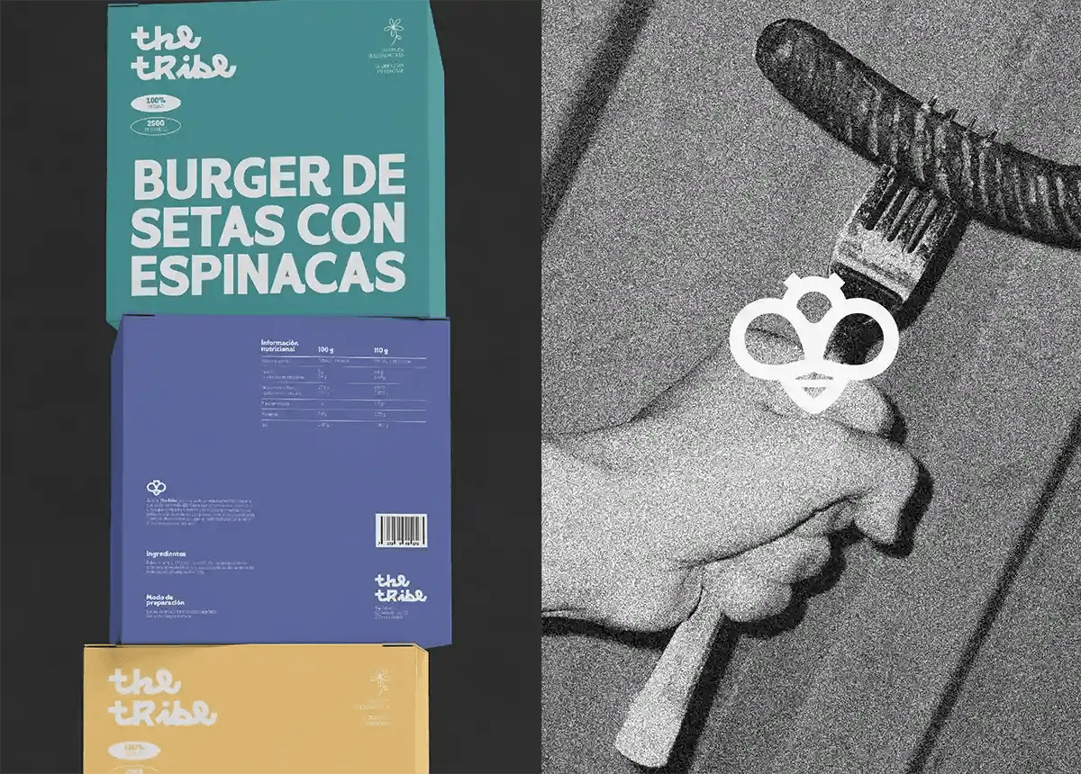 Cajas de The Tribe para burger de setas con espinacas con su información nutricional, de Ene Irimia, alumna de Diseño Gráfico y Motion Graphics en TRAZOS
