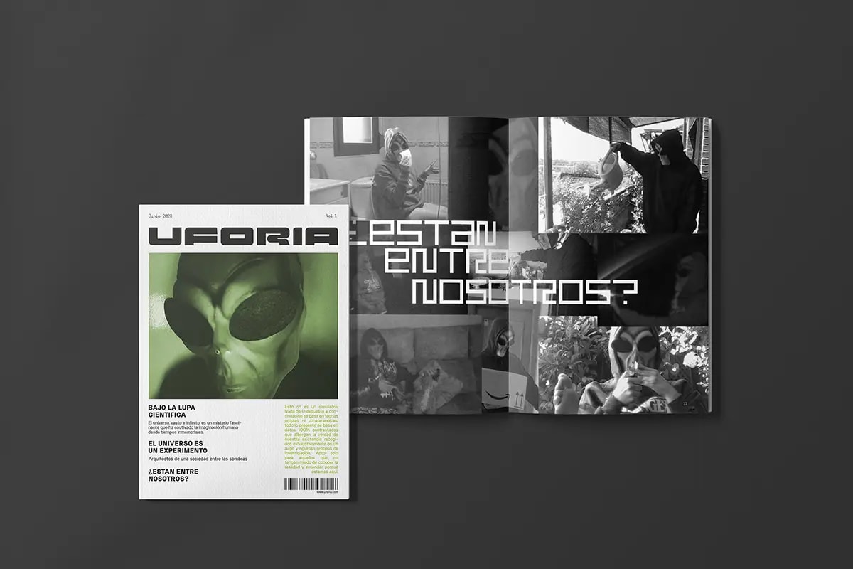 Portada de UFORIA y spread ¿Están entre nosotros? con collage fotográfico en blanco y negro, de Lucía González Alonso, alumna de Diseño Gráfico y Motion Graphics en TRAZOS